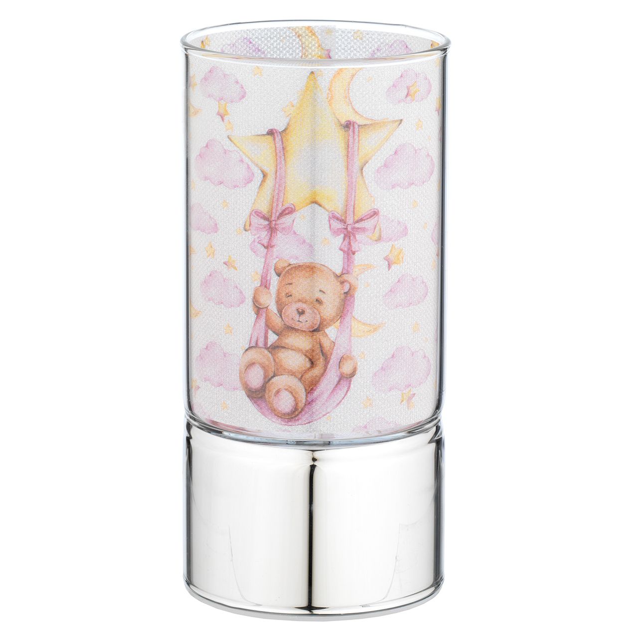 LAMPADA IN VETRO 7x15 CON DECORO ORSETTO SU ALTALENA ROSA
